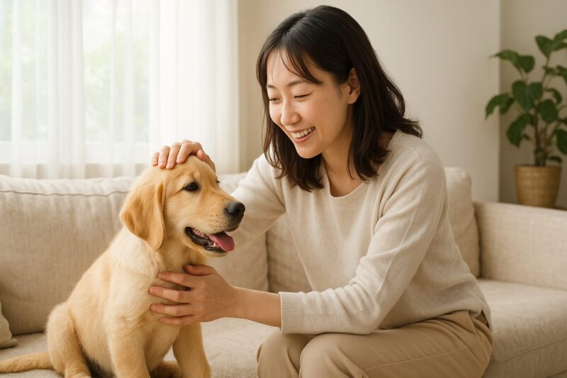 草原で元気いっぱいに遊ぶゴールデン・レトリバーの子犬