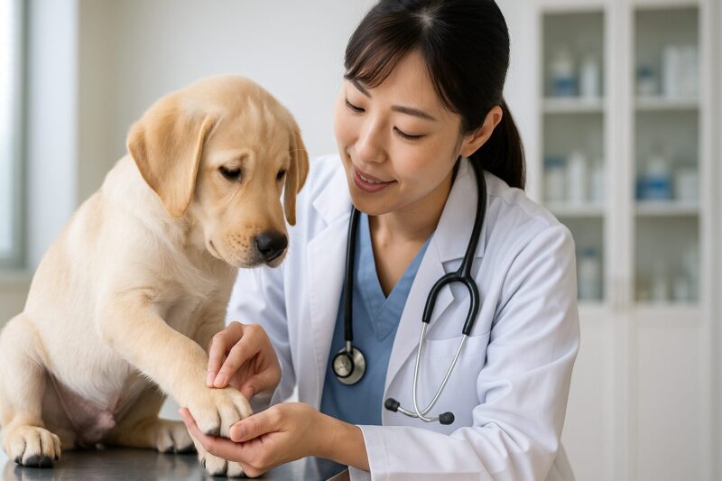 まだ幼さが残る大型犬の子犬が床に座っている様子