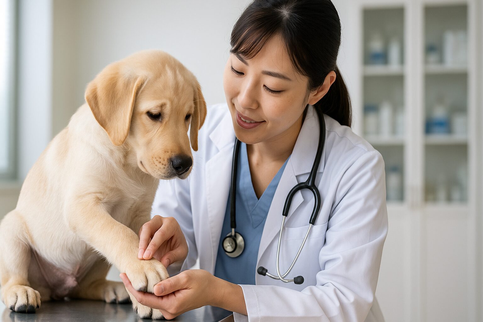 まだ幼さが残る大型犬の子犬が床に座っている様子