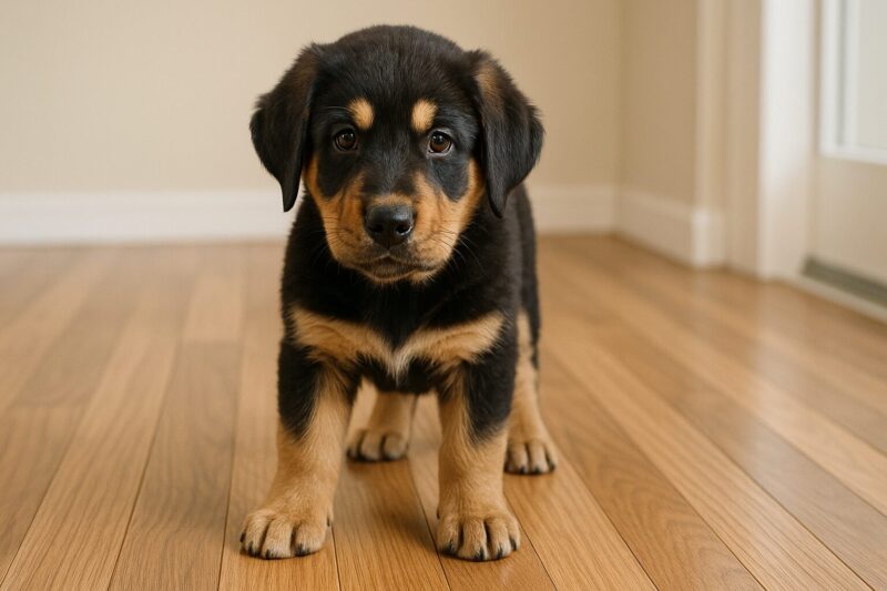 足を痛がっている様子の大型犬の子犬の足元を心配そうに見る飼い主の手