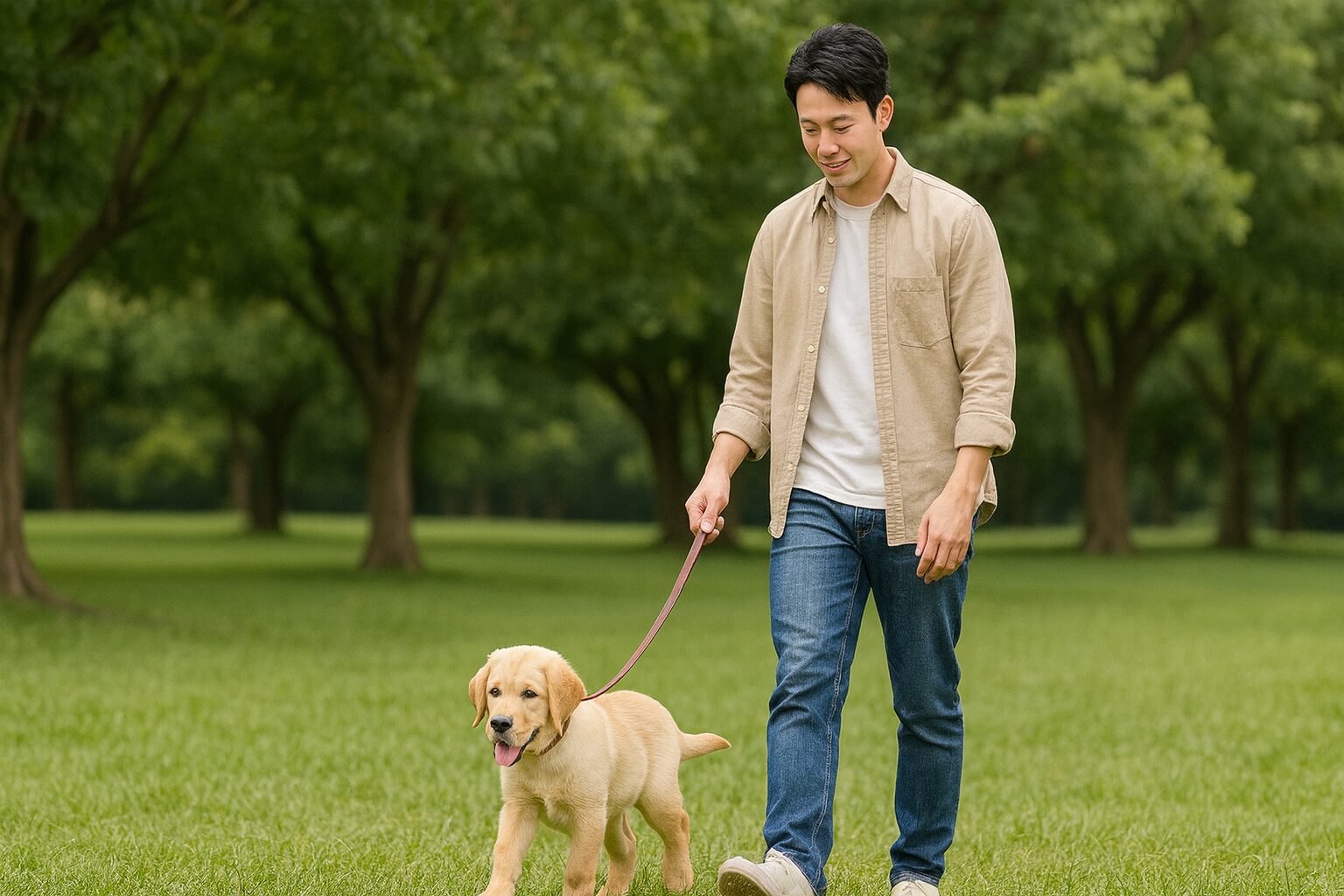 芝生の上でリードをつけずに自由奔放に走り回る大型犬の子犬
