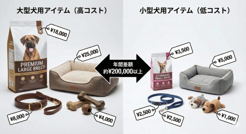 大型犬用の高額なペット用品と小型犬用の安価なペット用品の比較。飼育コストの差を示す画像