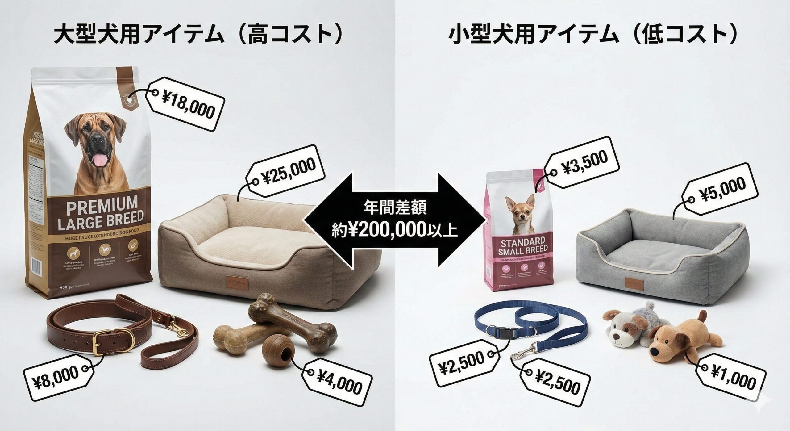 大型犬用の高額なペット用品と小型犬用の安価なペット用品の比較。飼育コストの差を示す画像