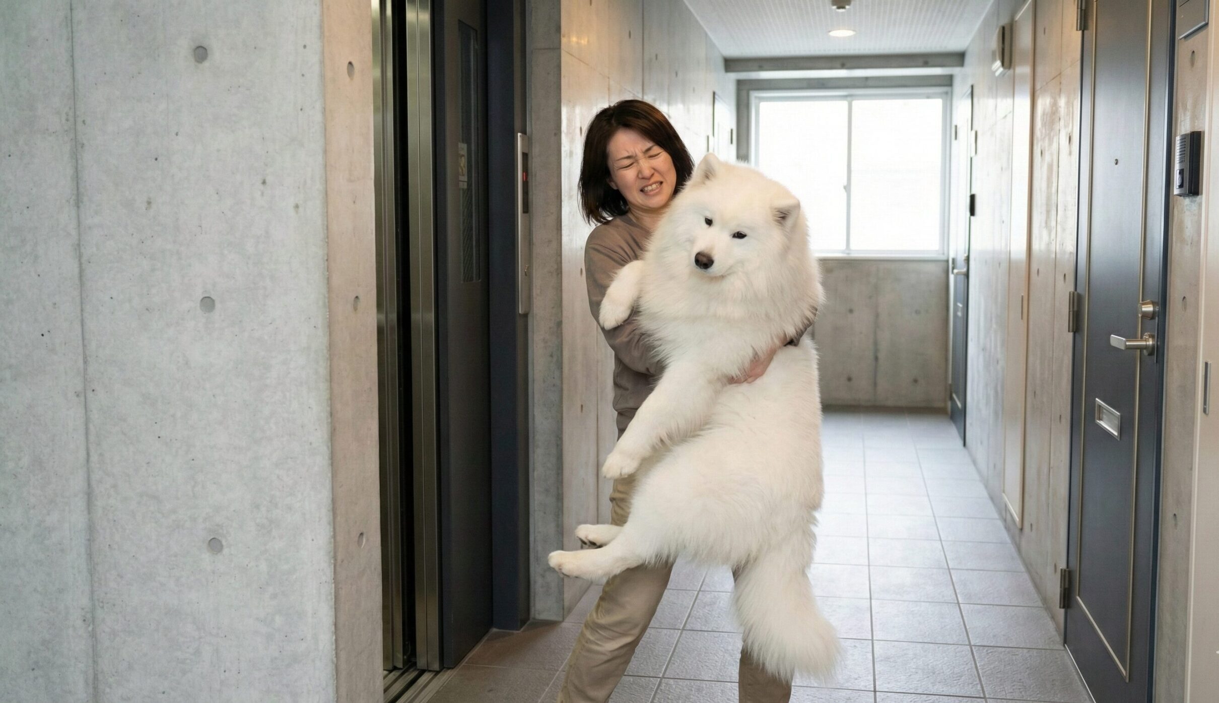 マンションの共用廊下で、日本人女性が大きなサモエドを抱きかかえて移動しようとし、その重さに苦労している様子。