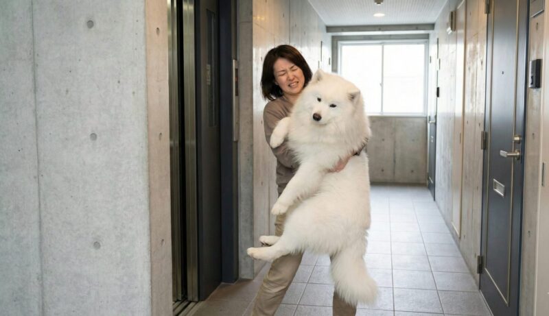 マンションの共用廊下で、日本人女性が大きなサモエドを抱きかかえて移動しようとし、その重さに苦労している様子。