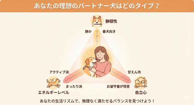 自身のライフスタイルと犬の特性を照らし合わせる飼い主のイメージ