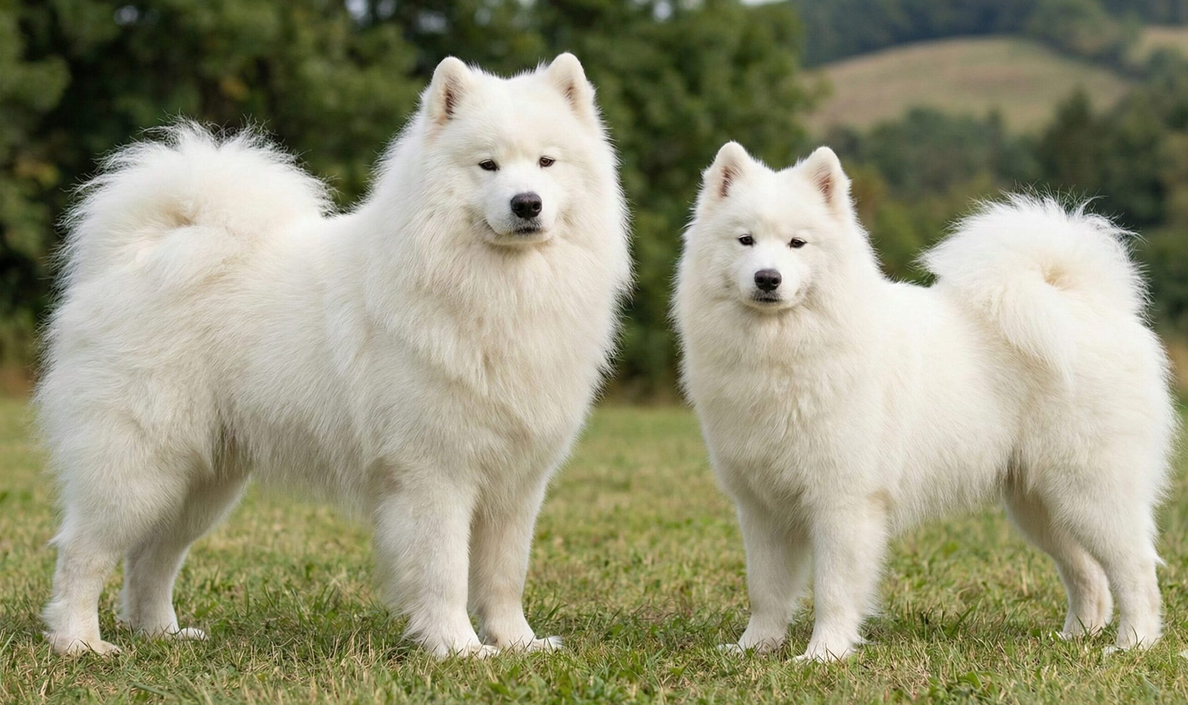 サモエドのオスとメスが並んでいる様子。オスの豊かな飾り毛と一回り大きい骨格に対し、メスが比較的コンパクトであることを示す体格差の比較画像。