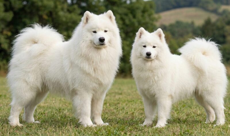 サモエドのオスとメスが並んでいる様子。オスの豊かな飾り毛と一回り大きい骨格に対し、メスが比較的コンパクトであることを示す体格差の比較画像。