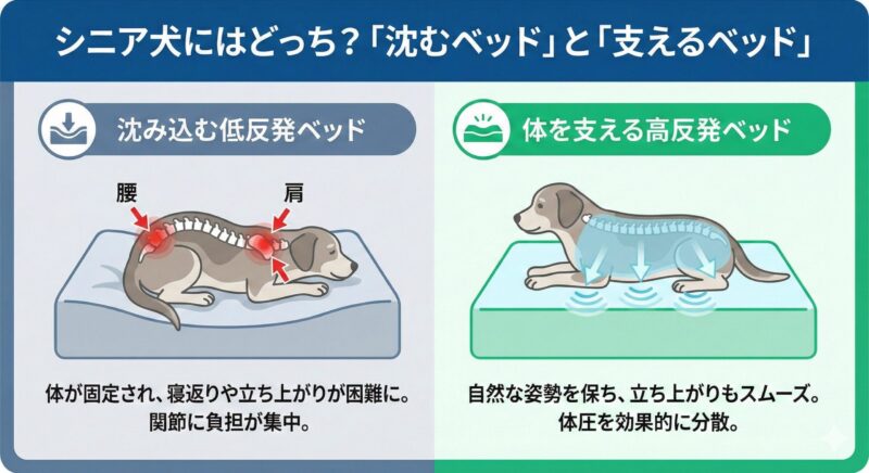 シニア犬のベッド選びの図解：高反発ベッドが背骨を真っ直ぐに保ち、体圧を分散させている様子