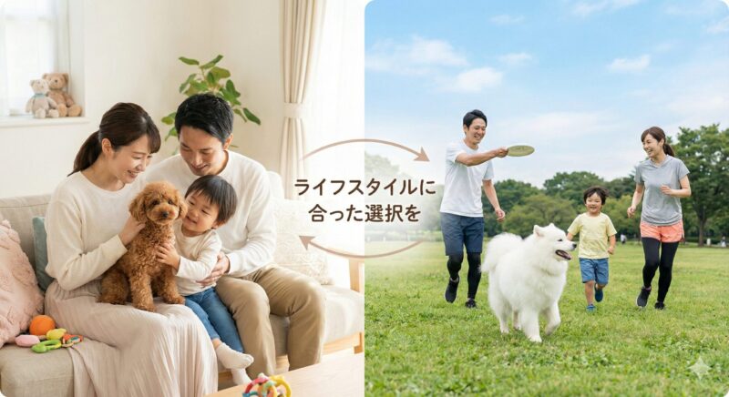 室内でトイプードルと、屋外でサモエドと触れ合う日本人の家族。ライフスタイルに合った犬種を選ぶ重要性