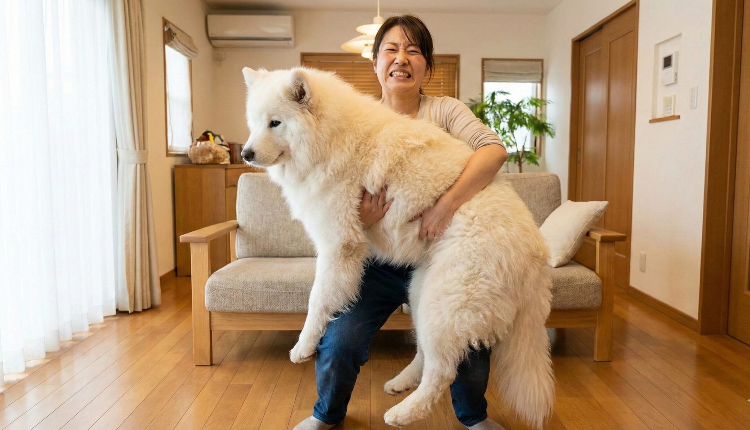成犬になったサモエドプードル（サモプー）を抱きかかえようとして、その大きさと重さに苦労している様子の日本人