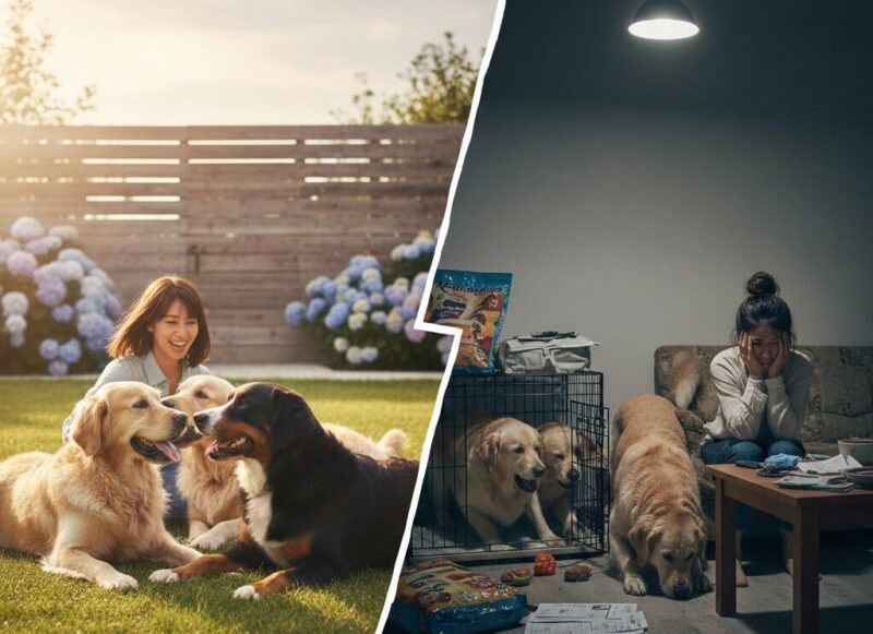 大型犬多頭飼いの理想と現実、費用の問題に悩むアジア人女性と犬たちの対比