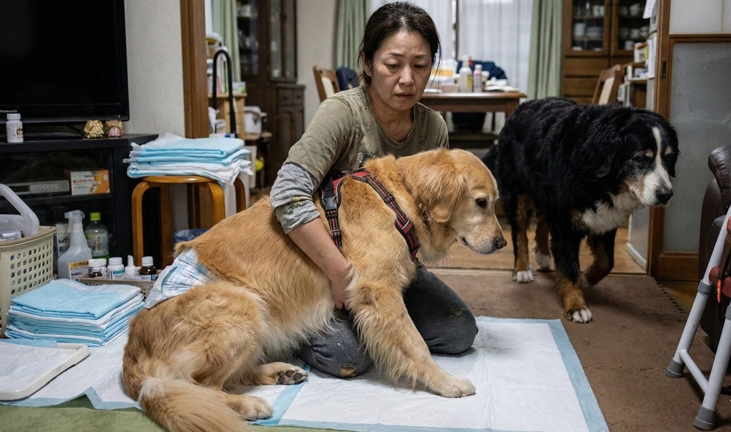 寝たきりの大型犬を介護し、年齢の近い2頭の同時介護に疲弊する日本人女性の姿