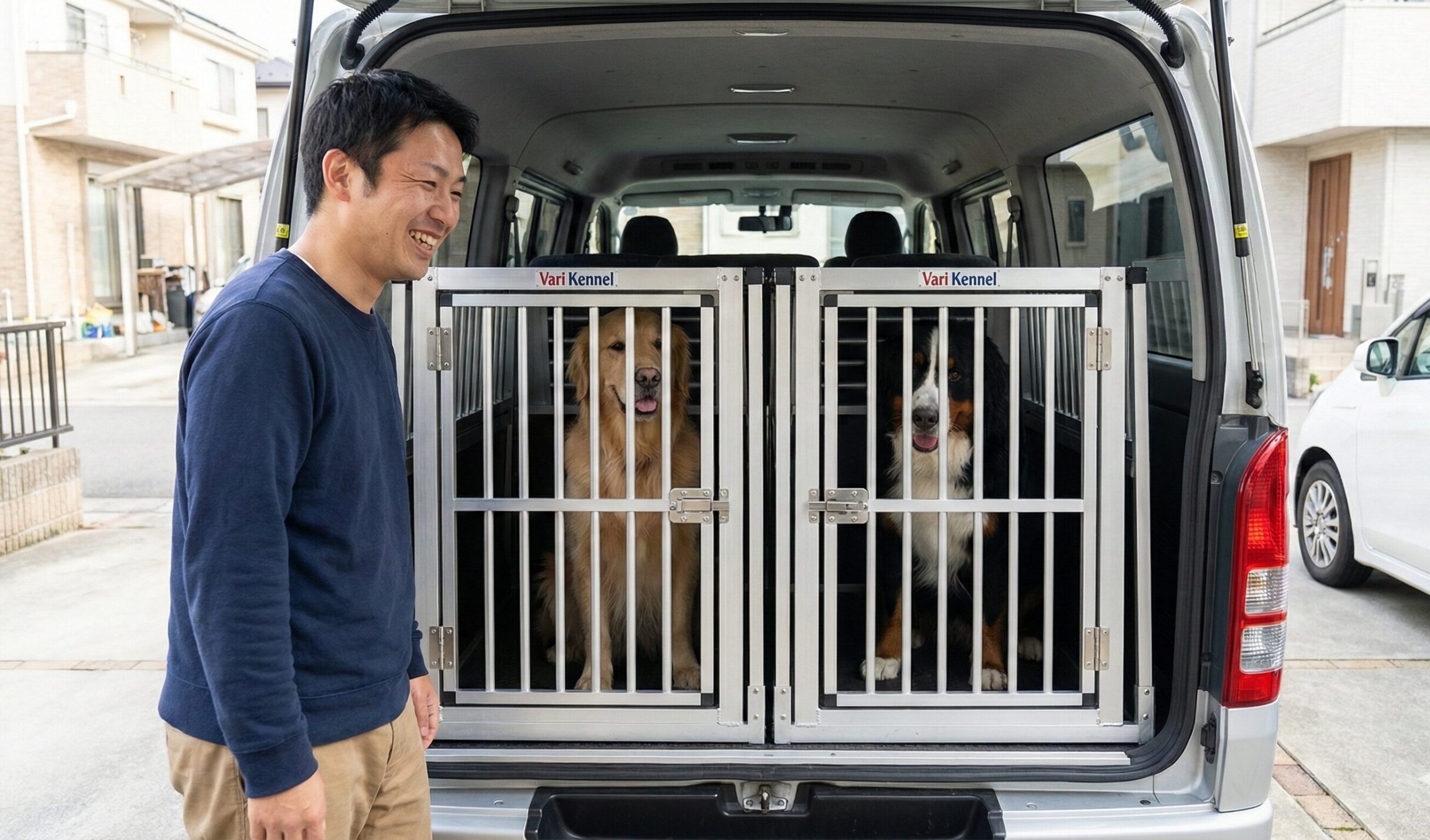 大型犬2頭分のクレートを積載するためにハイエースの荷室を活用している様子