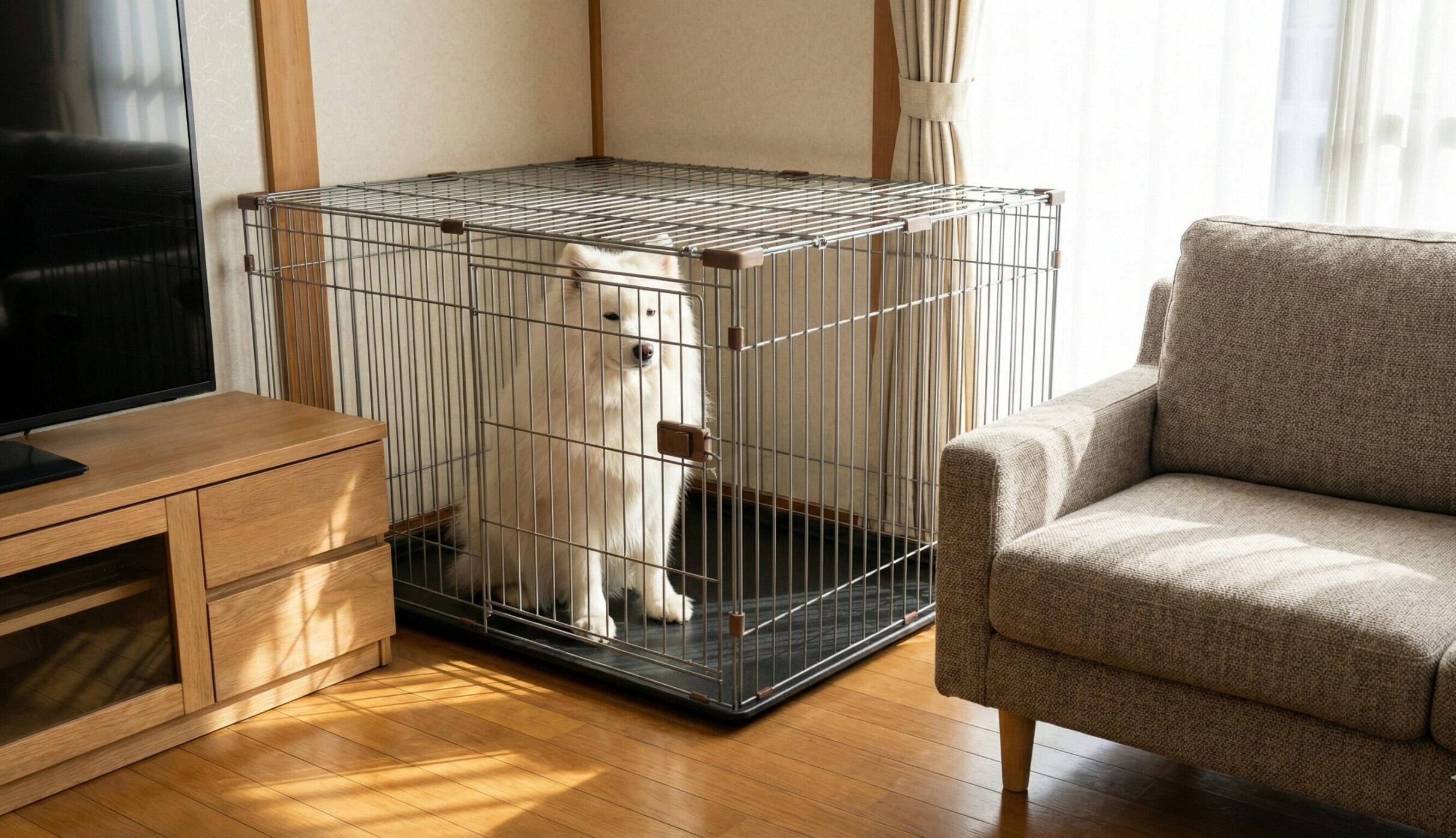日本の一般的なリビングルームに設置された大型犬用のケージと、その中にいるサモエド。ケージが部屋のスペースを大きく占領している様子。