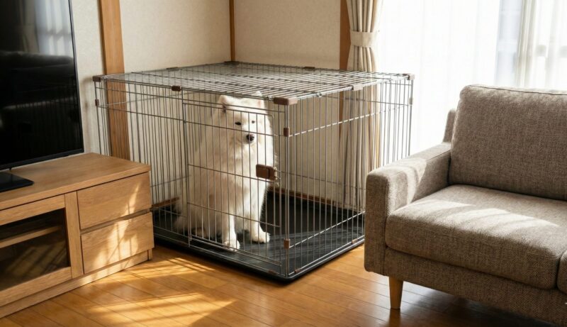 日本の一般的なリビングルームに設置された大型犬用のケージと、その中にいるサモエド。ケージが部屋のスペースを大きく占領している様子。