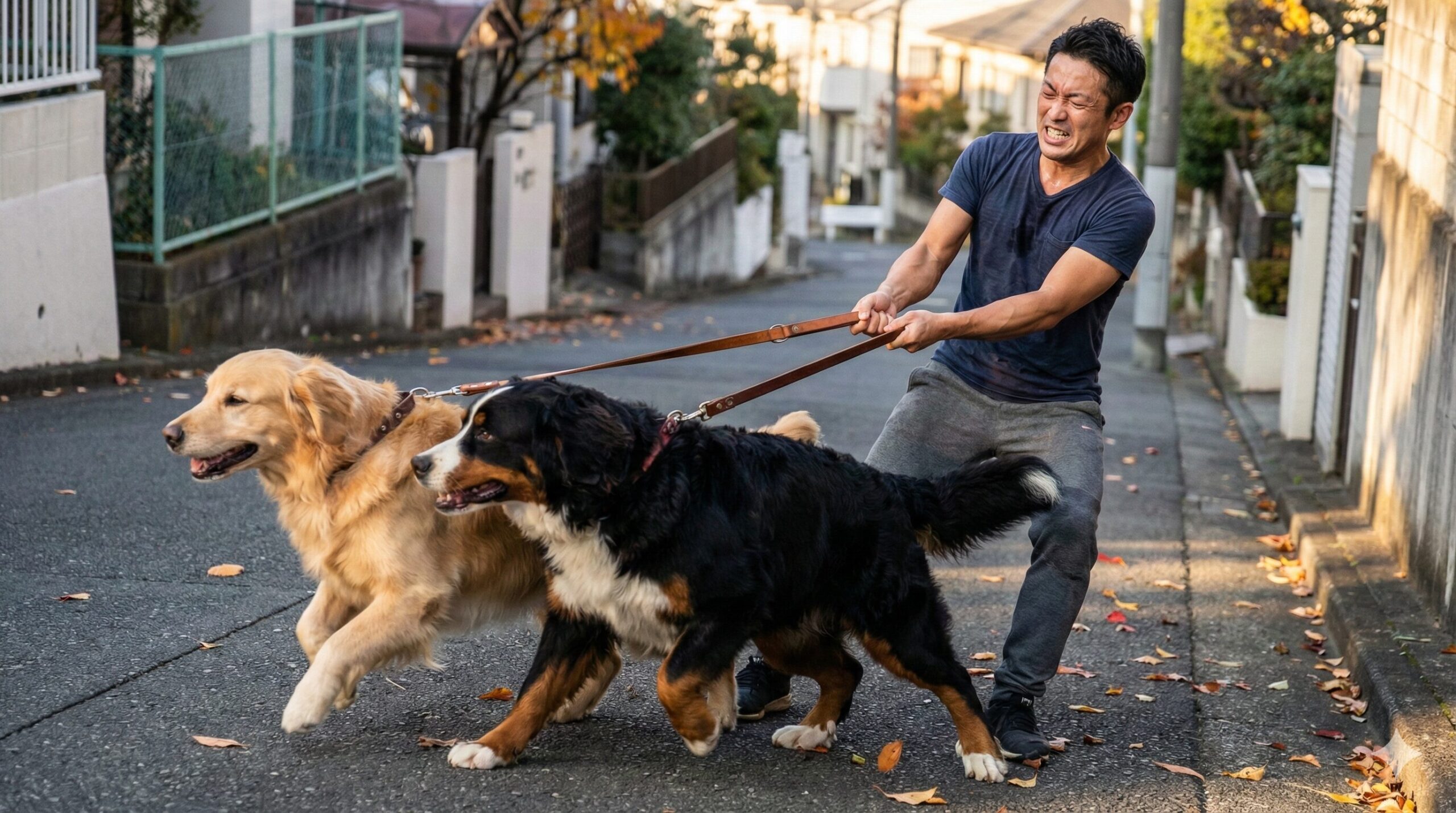 多頭引きリードを使い、合計60kgの大型犬2頭のパワーを制御しながら散歩する日本人男性の様子