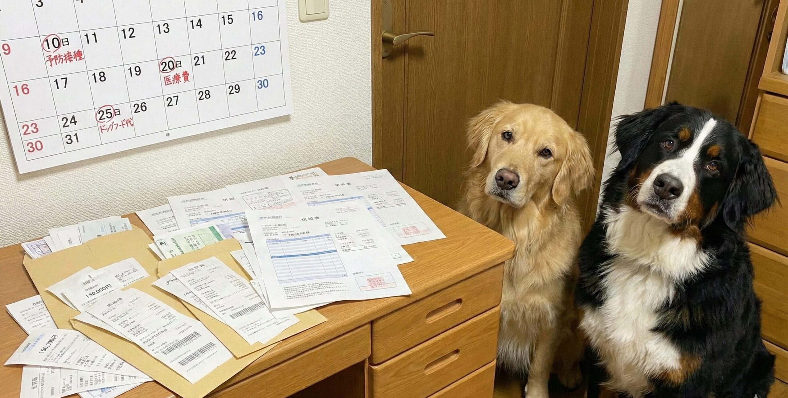 大型犬2頭分の高額な食費と医療費の請求書を前にした飼い主の負担を表すイメージ