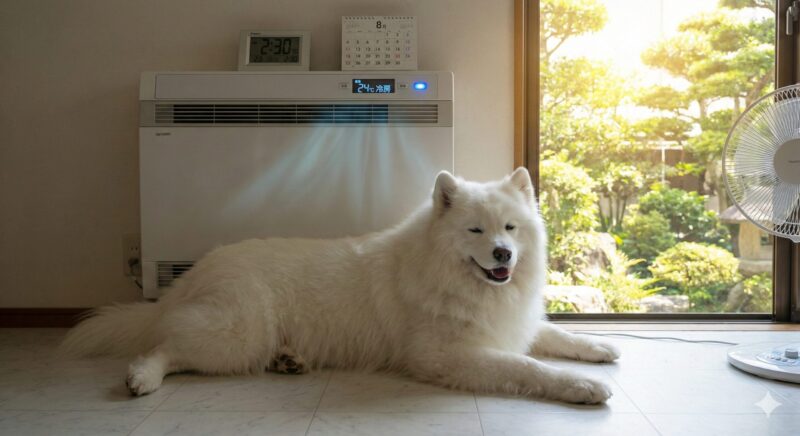 24時間稼働しているエアコンのそばで、涼しそうに休んでいるサモエド。日本の夏に必要な熱中症対策の様子