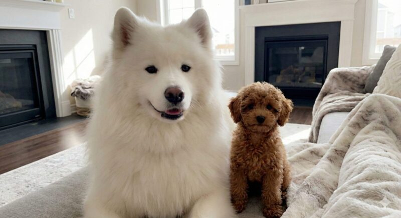 サモエドとトイプードルが並んでいる様子。大型犬と小型犬のサイズを比較できる画像