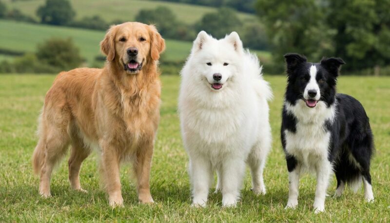 サモエド、ゴールデンレトリバー、ボーダーコリーが横に並んでいるサイズ比較図。サモエドが中型犬と大型犬の中間的な立ち位置であることが視覚的にわかる比較写真。
