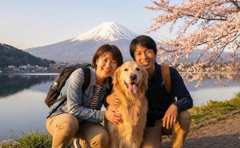 旅先で、美しい景色を背景に、大型犬と日本人の飼い主が一緒に記念写真を撮っている、幸せな旅行の思い出のシーン
