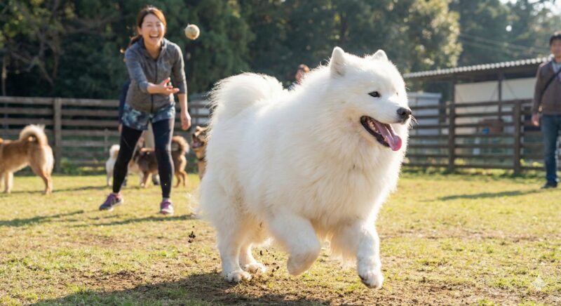 ドッグランでエネルギッシュに駆け回り、大量の運動を必要とするサモエドと日本人飼い主の様子
