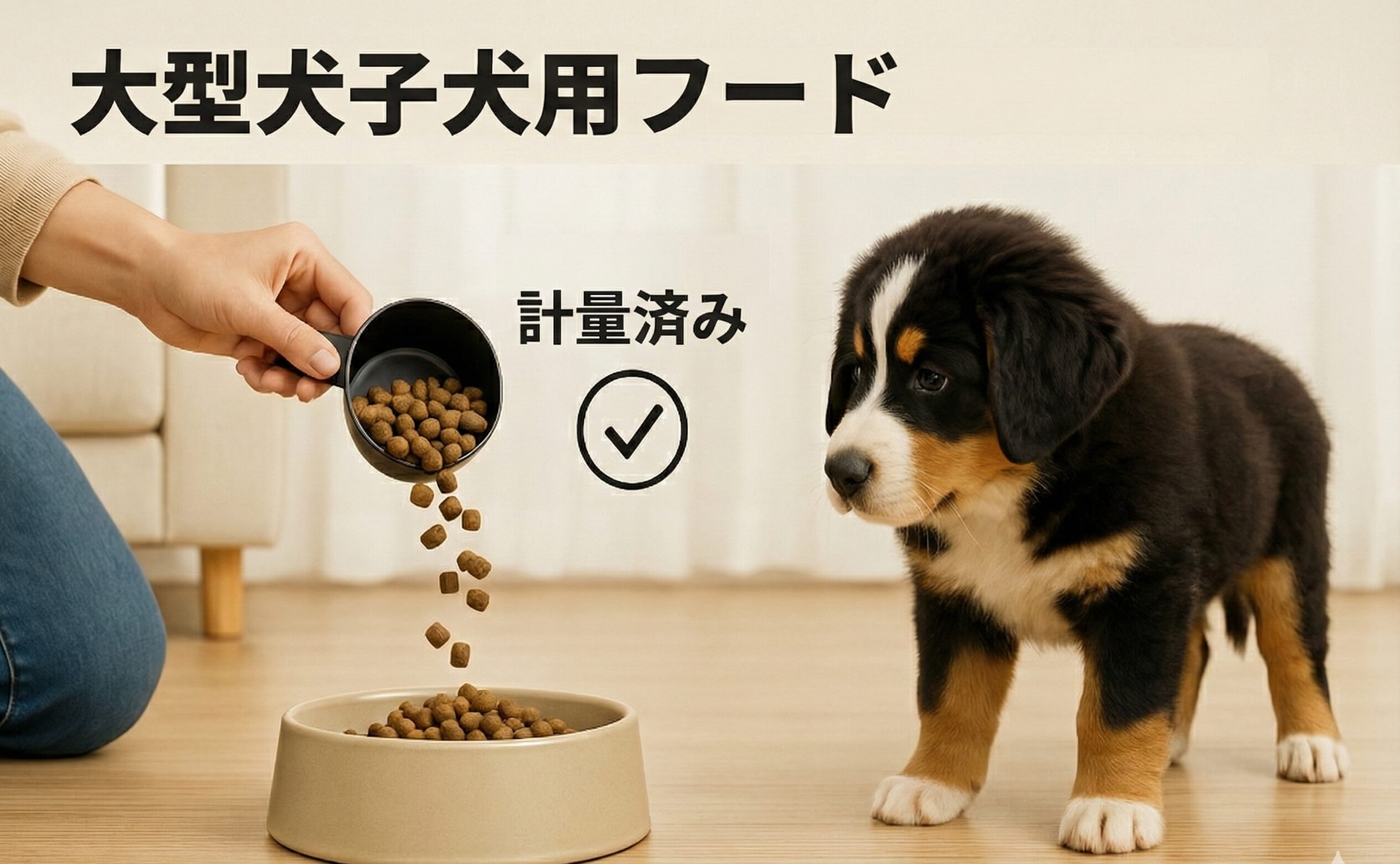 ドライフードの山の上に骨の模型が乗せられている様子