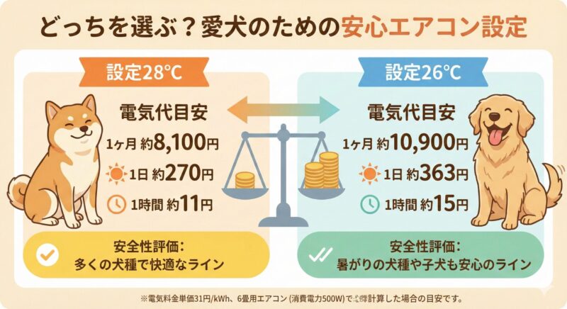 愛犬のためのエアコン設定温度と電気代の比較図。設定28℃では月約8,100円、設定26℃では月約10,900円が目安であることを示している。