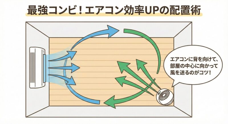 エアコンとサーキュレーターの効率的な配置図。エアコンと対角線上にサーキュレーターを置き、部屋の空気を循環させる様子が描かれている