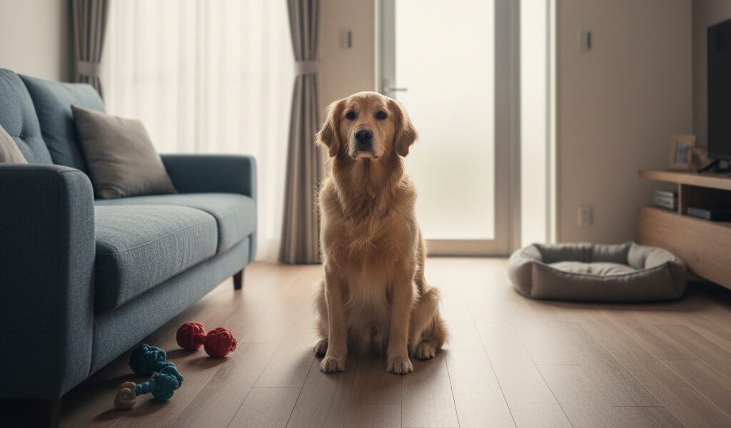 広いリビングで一人で座って飼い主の帰りを待つ大型犬（ゴールデンレトリバー）