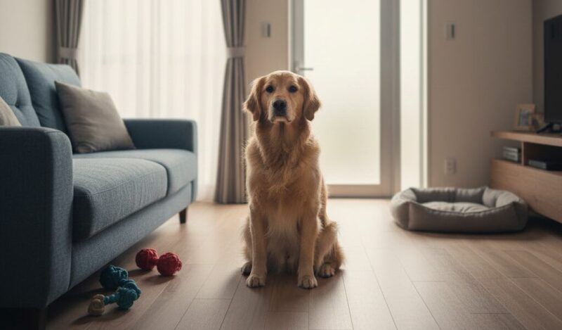 広いリビングで一人で座って飼い主の帰りを待つ大型犬（ゴールデンレトリバー）