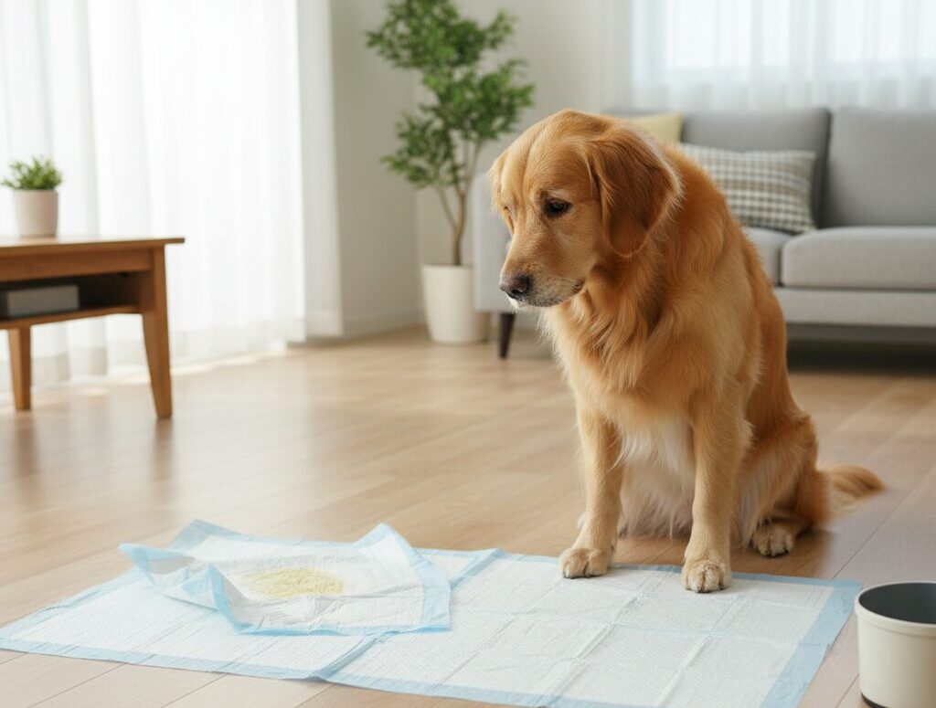 室内トイレシーツの失敗と、少し残念そうな表情の大型犬