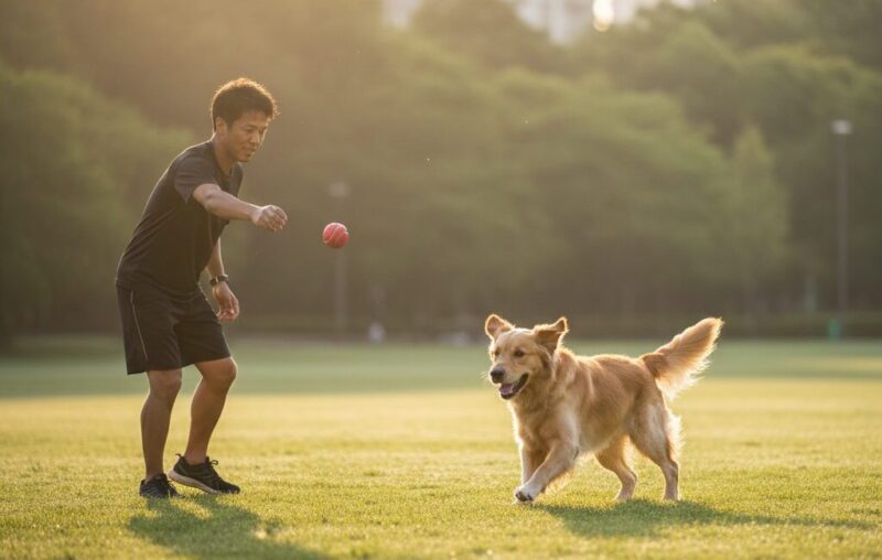 広い公園の芝生でボール遊びをして、飼い主と楽しそうに遊ぶ大型犬と日本人男性