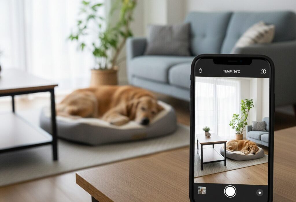 部屋でくつろぐ大型犬をペットカメラとスマートフォンで確認する様子