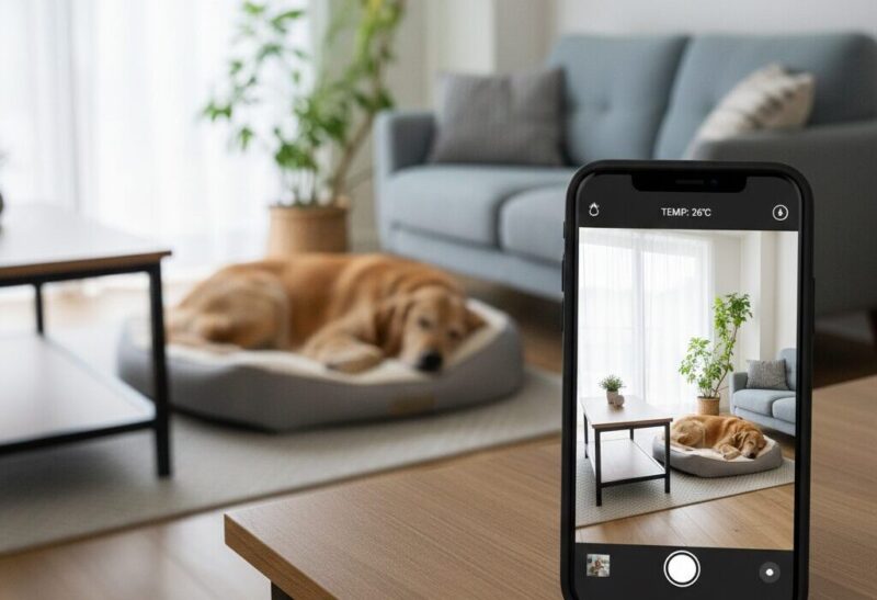 部屋でくつろぐ大型犬をペットカメラとスマートフォンで確認する様子