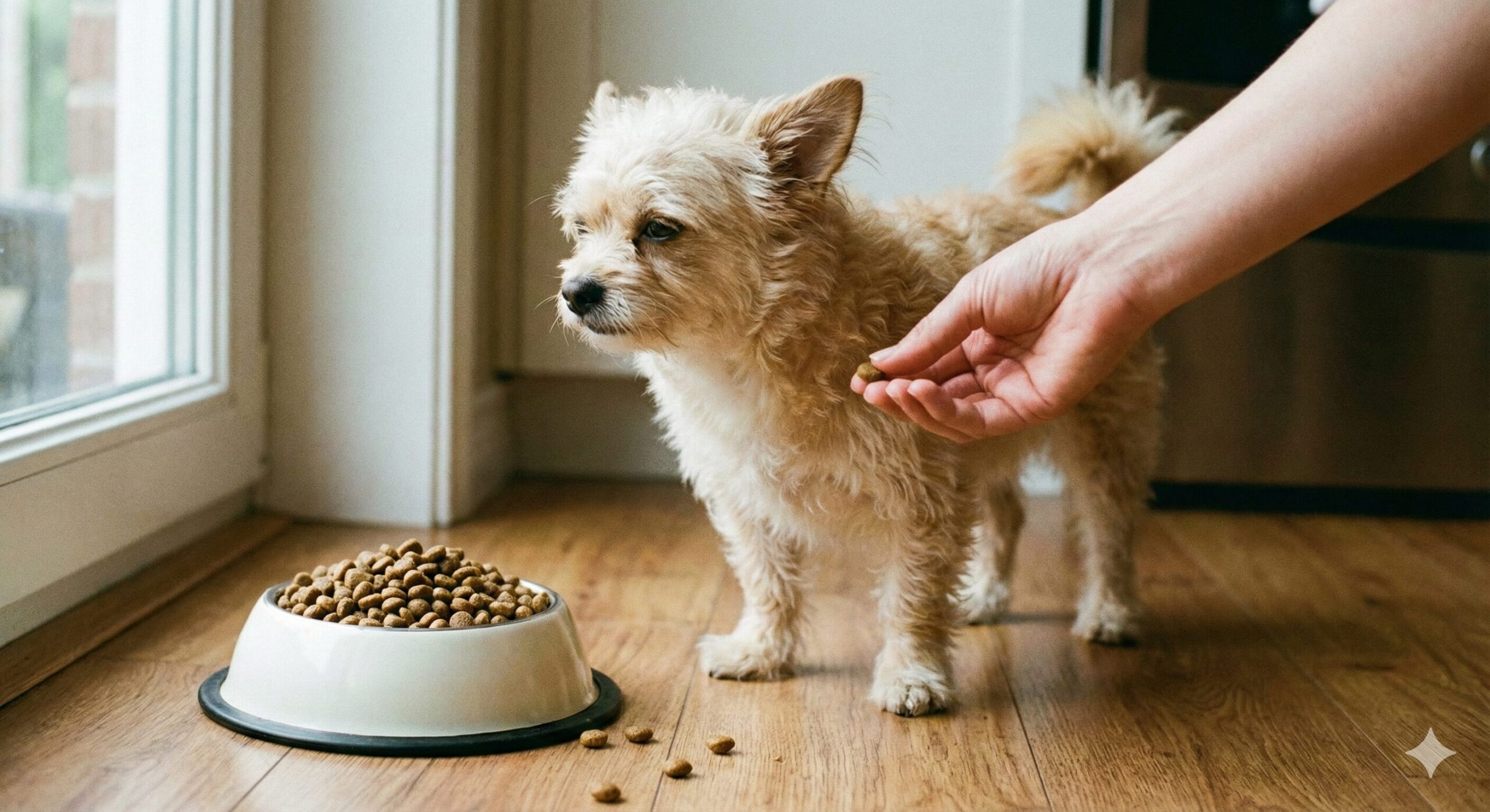 フードを食べない犬への対処法を考える飼い主のイメージ