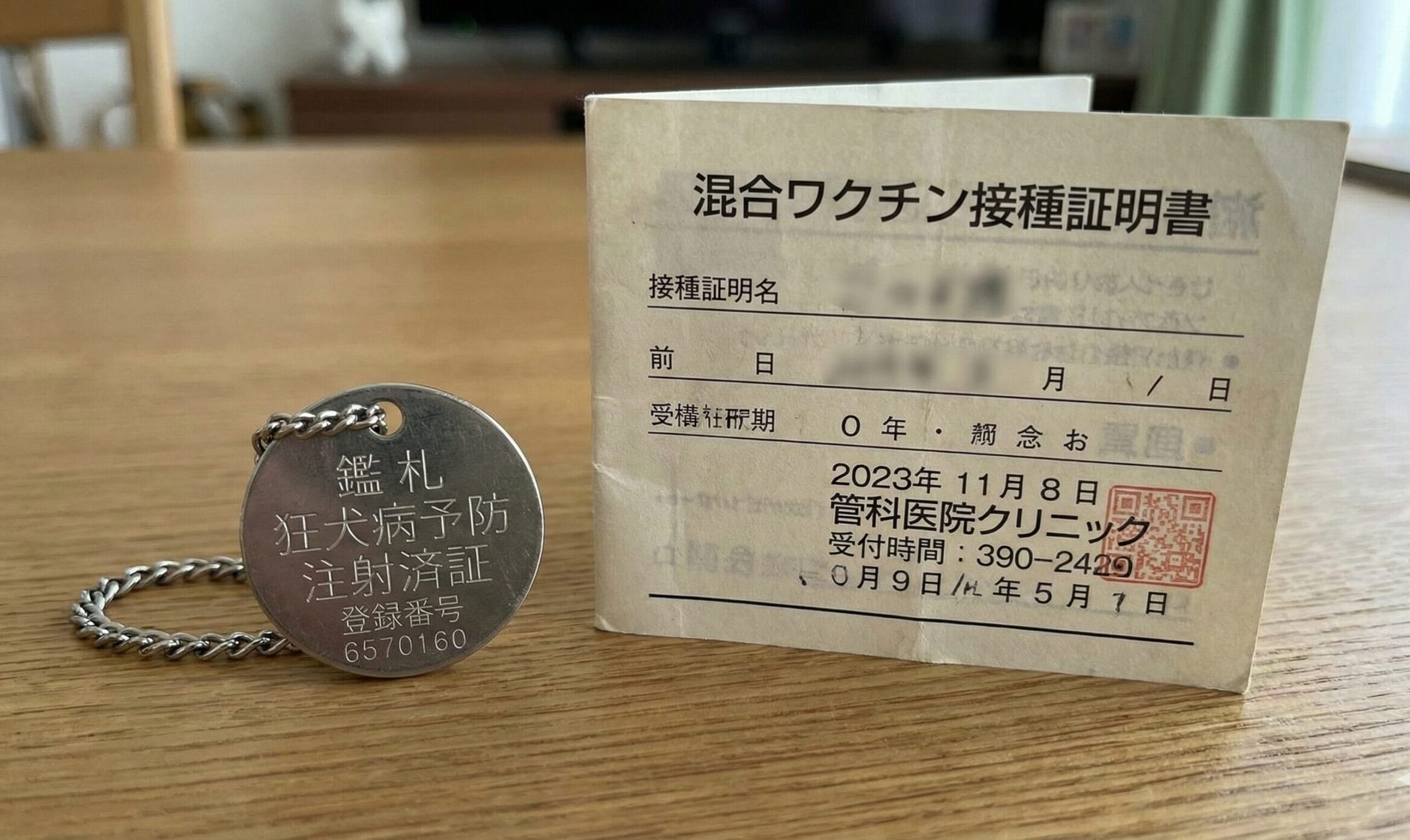 狂犬病予防接種済証（鑑札）と混合ワクチン接種証明書が並べて置かれている写真。旅行前の必須書類