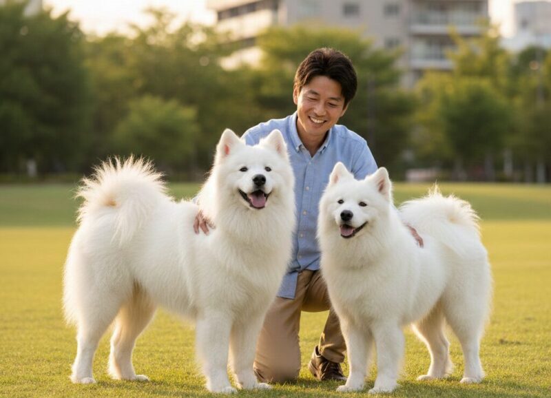 サモエド２頭と飼い主
