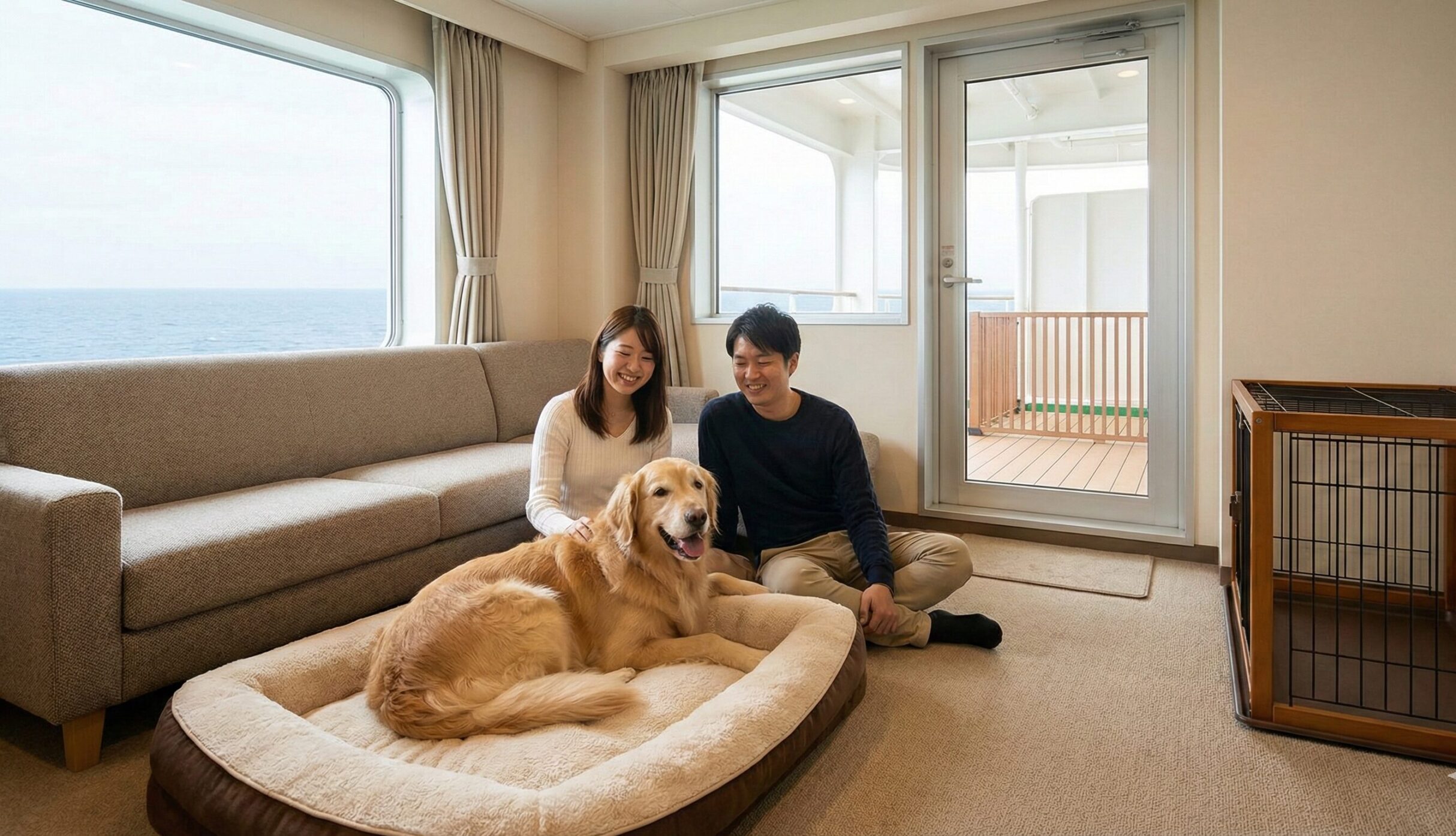 長距離フェリーの個室にある「ウィズペットルーム」で、飼い主と大型犬がクレートから出てリラックスして過ごす様子