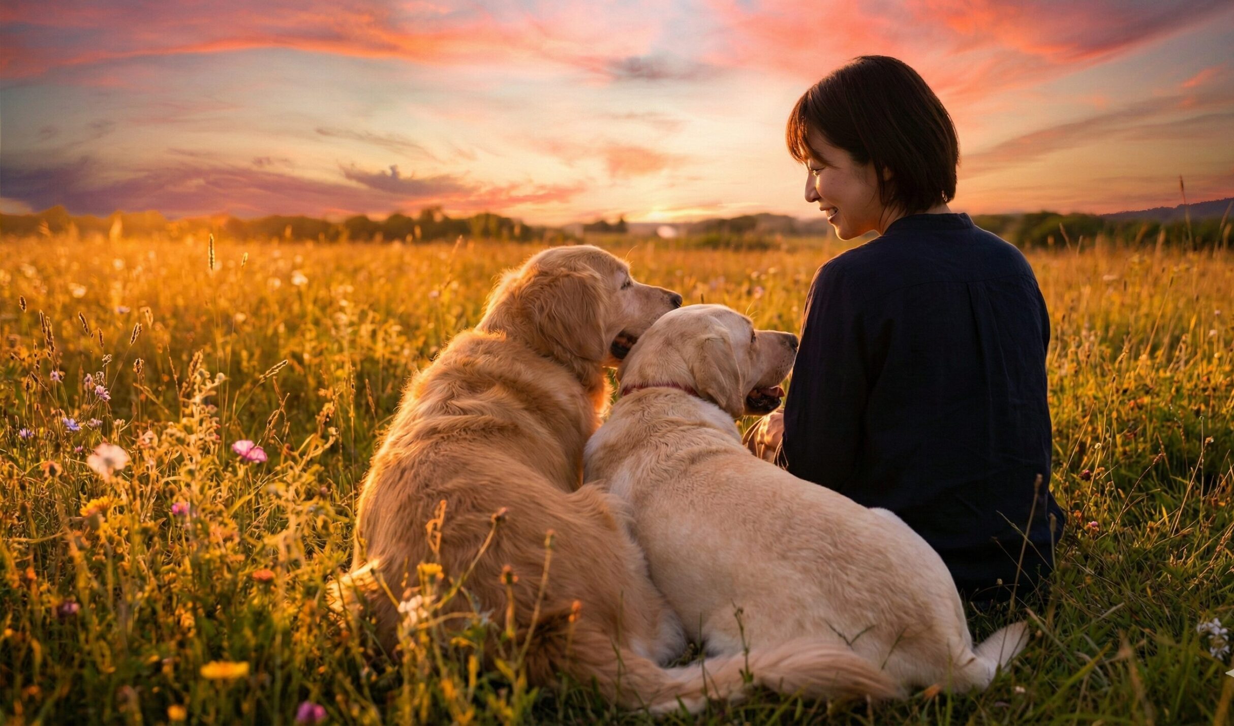 夕焼けの野原で寄り添う大型犬2頭と、幸せを感じている日本人女性の後ろ姿