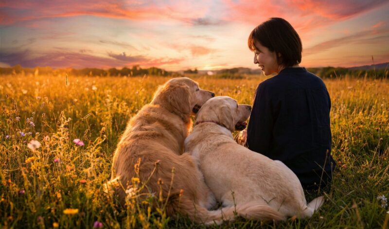 夕焼けの野原で寄り添う大型犬2頭と、幸せを感じている日本人女性の後ろ姿