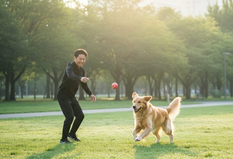 公園の芝生広場で、ボールを投げようとしている若い日本人男性と、楽しそうに走り寄ってくる大型犬のゴールデンレトリバー。