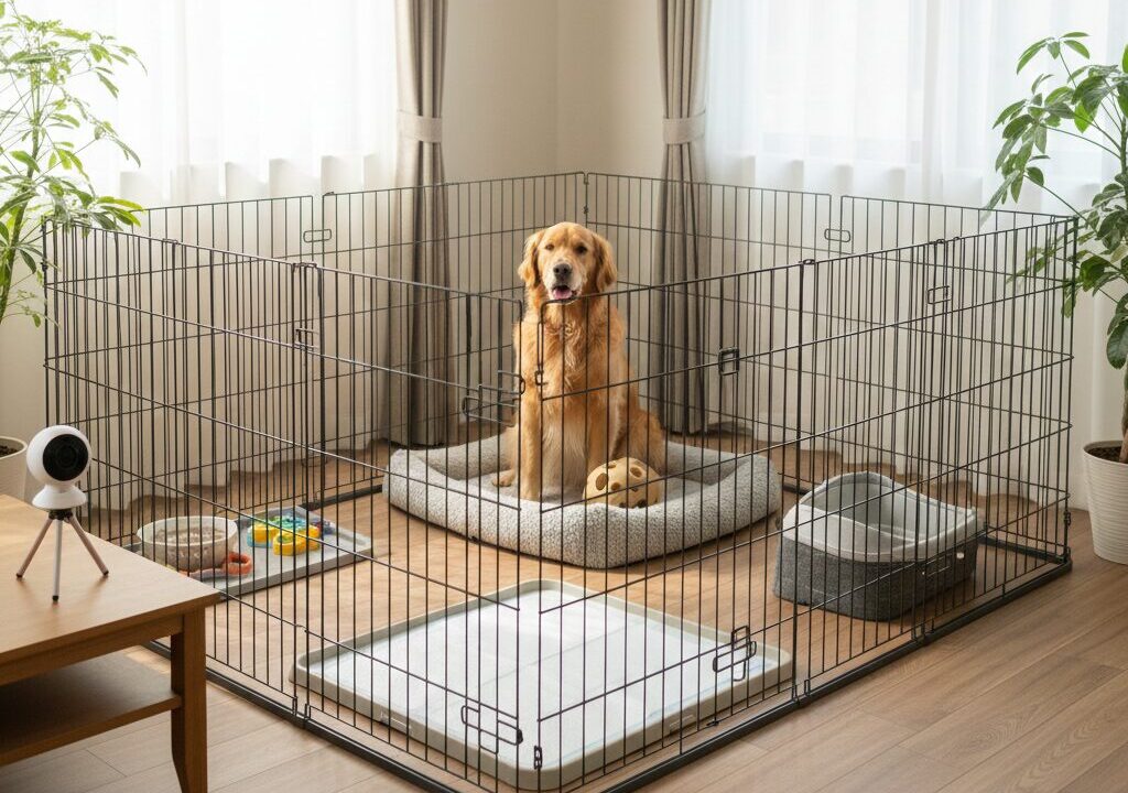 広々とした室内の大型犬用サークルの中で、ベッドに座っているゴールデンレトリバー。サークル内にはトイレトレーやおもちゃも配置されており、見守りカメラも見える。
