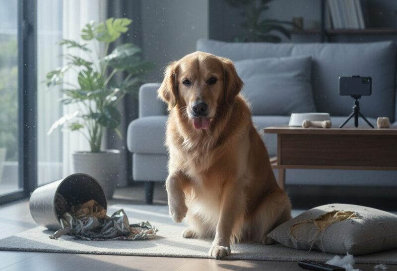 リビングで、ひっくり返ったゴミ箱と破れたクッションの隣に座る大型犬のゴールデンレトリバー。犬は前足を上げて、困ったような表情をしている。