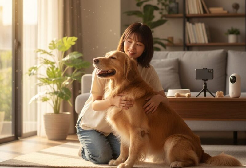 リビングの床に座り、大型犬のゴールデンレトリバーを優しく抱きしめる若い日本人女性。犬はリラックスした表情で、女性を見上げている。