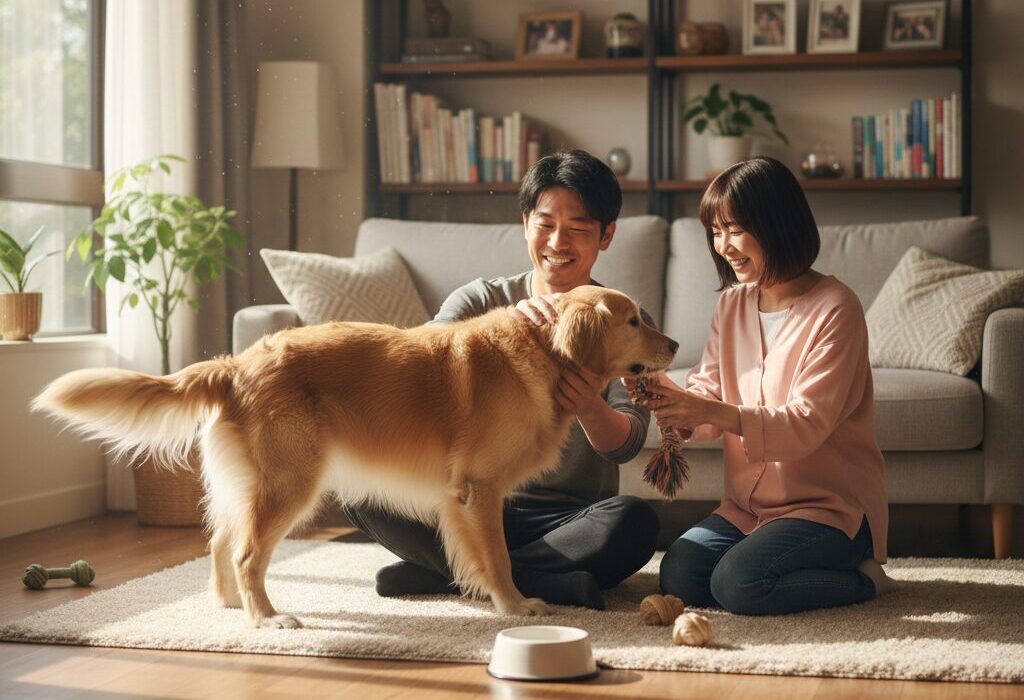 リビングで大型犬のゴールデンレトリバーと遊ぶ若い日本人夫婦。夫婦は笑顔で床に座り、犬を撫でたりおもちゃで遊んだりしている。
