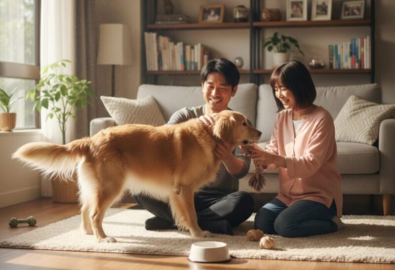 リビングで大型犬のゴールデンレトリバーと遊ぶ若い日本人夫婦。夫婦は笑顔で床に座り、犬を撫でたりおもちゃで遊んだりしている。