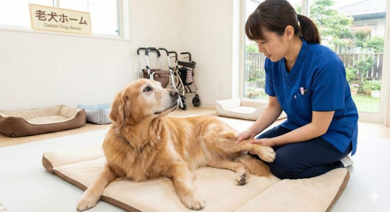 老犬ホームのような介護施設で、介護士のアジア人女性が大型の老犬を優しくケアしている様子