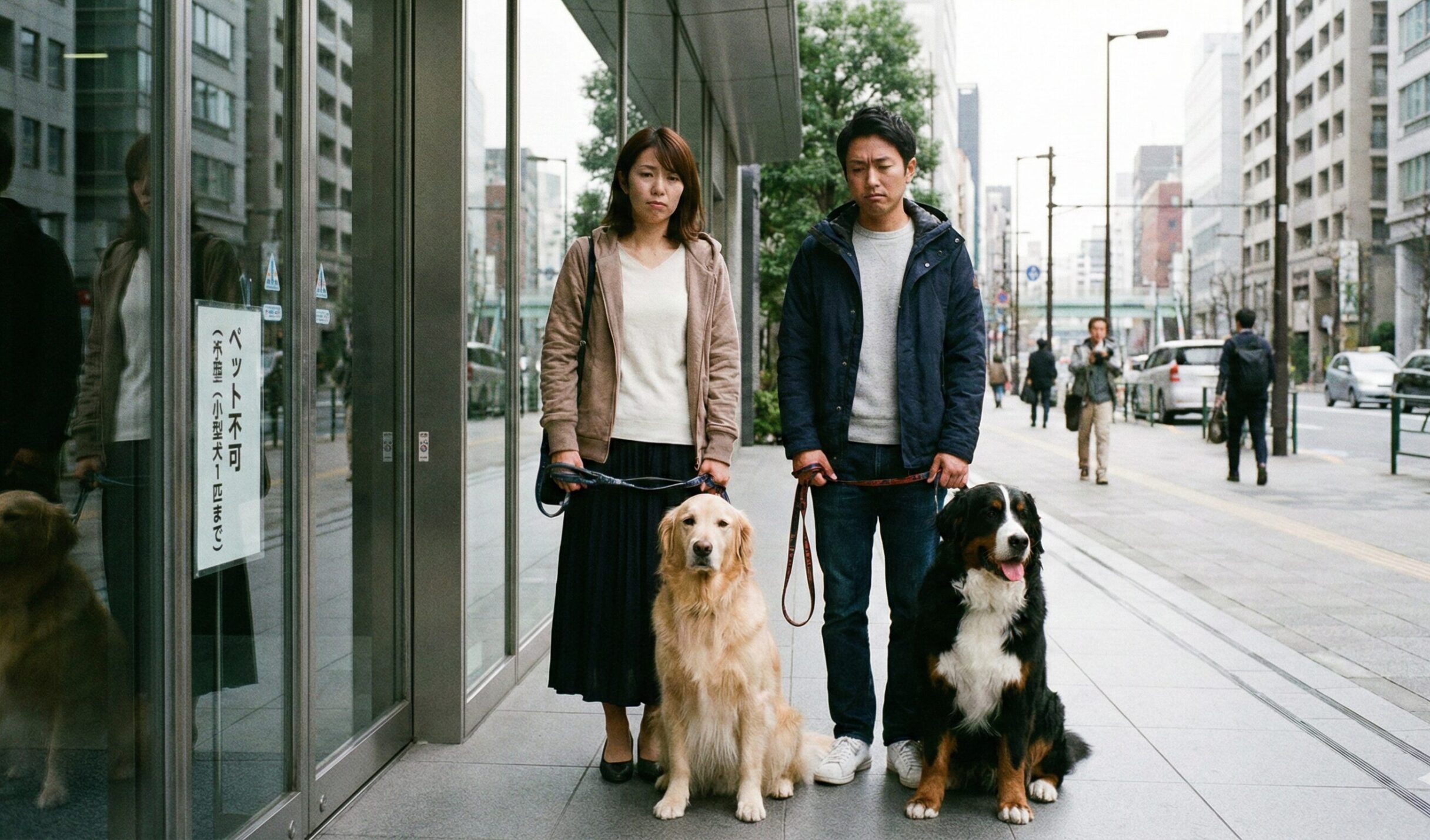 大型犬2頭での入居を断られ、都心の賃貸物件の前で困惑する日本人夫婦